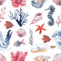 Seamless pattern with watercolor seashells, corals, sea stars, fish, jellyfish