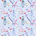 Seamless pattern with watercolor sewing elements Royalty Free Stock Photo