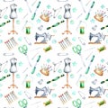 Seamless pattern with watercolor sewing elements Royalty Free Stock Photo