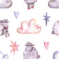 Seamless pattern with watercolor sheeps, clouds, stars, hearts. Hand drawn illustration is isolated on white. Cute painted