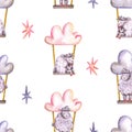 Seamless pattern with watercolor sheeps, clouds, stars, swing. Hand drawn illustration is isolated on white. Cute painted ornament