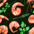 A seamless pattern with the watercolor shrimps and greenery Royalty Free Stock Photo