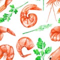 A seamless pattern with the watercolor shrimps and greenery Royalty Free Stock Photo