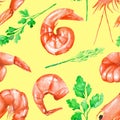 A seamless pattern with the watercolor shrimps and greenery Royalty Free Stock Photo