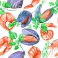 A seamless pattern with the watercolor shrimps, mussels and greenery Royalty Free Stock Photo