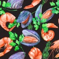 A seamless pattern with the watercolor shrimps, mussels and greenery Royalty Free Stock Photo