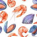 A seamless pattern with the watercolor shrimps and mussels, seafood Royalty Free Stock Photo