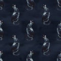 Seamless pattern with watercolor silhouette of black cat with long tail. Royalty Free Stock Photo