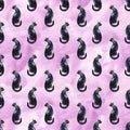 Seamless pattern with watercolor silhouette of black cat with long tail. Royalty Free Stock Photo