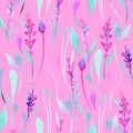 Seamless pattern with watercolor simple lavender, purple and mint plants