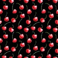 Seamless pattern of watercolor single Cherries on the black background. Hand drawn bright texture, images of berry in sketch style Royalty Free Stock Photo