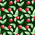 Seamless pattern of watercolor single Cherries on green background. Hand drawn bright texture, images of berry in sketch style Royalty Free Stock Photo