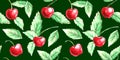 Seamless pattern of watercolor single Cherries on green background. Hand drawn bright texture, images of berry in sketch style Royalty Free Stock Photo