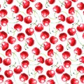 Seamless pattern of watercolor single Cherries on the white background. Hand drawn bright texture, images of berry in sketch style Royalty Free Stock Photo