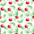 Seamless pattern of watercolor single Cherries on the white background. Hand drawn bright texture, images of berry in sketch style Royalty Free Stock Photo