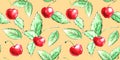 Seamless pattern of watercolor single Cherries on yellow background. Hand drawn bright texture, images of berry in sketch style Royalty Free Stock Photo