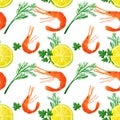 Seamless pattern with watercolor slices of lemon, shrimps, dill and parsley Royalty Free Stock Photo