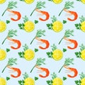 Seamless pattern with watercolor slices of lemon, shrimps, dill and parsley Royalty Free Stock Photo