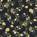 Seamless pattern of watercolor small wild gold flowers and yellow bouquet on a black background