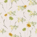 Seamless pattern of watercolor small wild green and orange flowers and yellow bouquets on a light pink background. Royalty Free Stock Photo