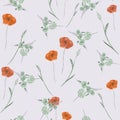 Seamless pattern of watercolor small wild orande flowers and green bouquets on a light violet background.