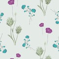 Seamless pattern of watercolor small wild pink and blue flowers and green bouquets on a light green background