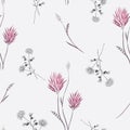 Seamless pattern of watercolor small wild pink flowers and gray bouquets on a light gray background