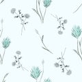 Seamless pattern of watercolor small wild turquoise flowers and gray bouquets on a light blue background