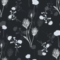Seamless pattern of watercolor small wild white flowers and gray bouquets on a black background