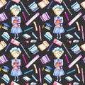 Seamless pattern with watercolor smart schoolgirl, books and stationery objects