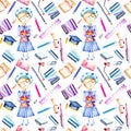 Seamless pattern with watercolor smart schoolgirl, books and stationery objects