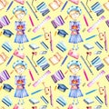 Seamless pattern with watercolor smart schoolgirl, books and stationery objects