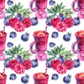 Seamless pattern watercolor smoothies cocktail, raspberry, blueberry, leaves on white. Fresh summer food. Creative
