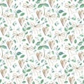 Seamless pattern with watercolor snowberry, wooden hearts and bows.