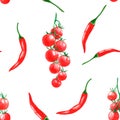 Seamless pattern with watercolor spices - chili pepper and cherry tomatoes.