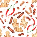 Seamless pattern with watercolor spices - ginger, peanuts, cinnamon and hot red chili pepper.