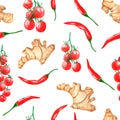 Seamless pattern with watercolor spices - ginger, tomato cherry and hot red chili pepper. ideal for printing, packaging and fabri