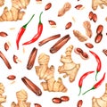 Seamless pattern with watercolor spices - ginger, tomato cherry and hot red chili pepper.