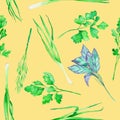 A seamless pattern with the watercolor spices: onion green, dill, parsley, cilantro and basil