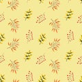 Seamless pattern with watercolor sprigs, leaves, berries, rowan. Illustration isolated. Hand drawn autumn items