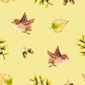 Seamless pattern with watercolor sprigs, leaves, bird, acorn. Illustration isolated. Hand drawn autumn items perfect for wallpaper Royalty Free Stock Photo