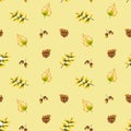 Seamless pattern with watercolor sprigs, leaves, pine cone, acorn. Illustration isolated. Hand drawn autumn items Royalty Free Stock Photo