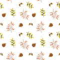 Seamless pattern with watercolor sprigs, leaves, pine cone, acorn. Illustration isolated on white. Hand drawn autumn ornament Royalty Free Stock Photo