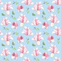 Seamless pattern with watercolor spring magnolia flowers on blue background Royalty Free Stock Photo