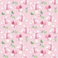 Seamless pattern with watercolor spring magnolia flowers on pink background Royalty Free Stock Photo