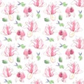 Seamless pattern with watercolor spring magnolia flowers on white background Royalty Free Stock Photo
