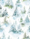 Seamless pattern of watercolor spruce forest in the fog. Winter landscape with pine trees isolated on white background. Royalty Free Stock Photo