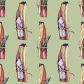 Seamless pattern watercolor stick of palo santo tree incense wood bandaged with crystal and herbs on green background