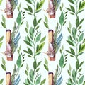 Seamless pattern watercolor stick of palo santo tree incense wood bandaged with crystal and herbs and leaves on green