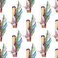 Seamless pattern watercolor stick of palo santo tree incense wood bandaged with crystal and herbs on white background